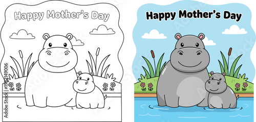 Mothers Day hippo mom and baby in water cute cartoon vector outline style