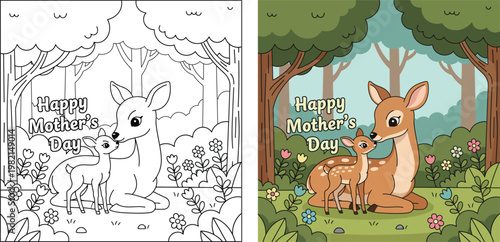 Mothers Day deer mom and baby in forest cute cartoon vector outline style