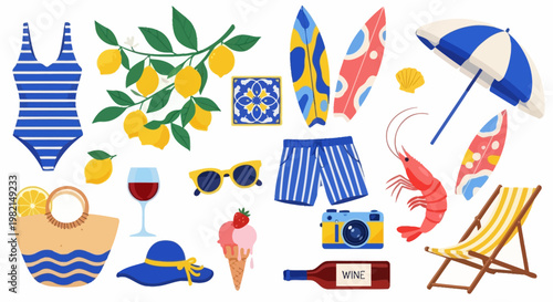 Summer vacation beach scene with colorful illustrations of swimwear, seafood, and drinks nearby