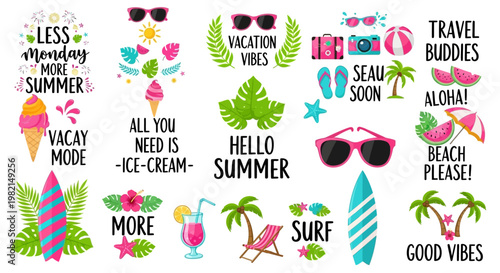 Vibrant summer stickers depict vacation mode with travel buddies enjoying beach and good vibes with surfboards and ice cream.