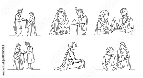 Indian wedding illustration featuring a couple mandap and henna designs