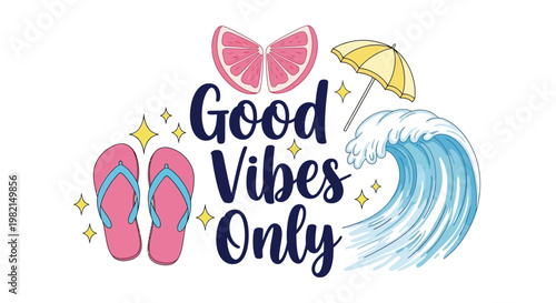 Beach scene with flip flops, wave, umbrella, and good vibes sign on a sunny olkjh day