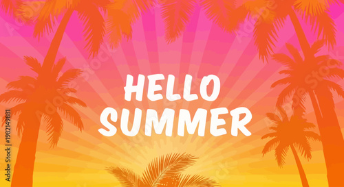 Vibrant summer sunset scene with palm trees and hello message