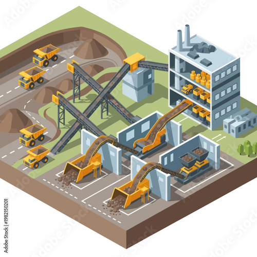 Isometric Mining Operation - Trucks, Conveyors, and Processing Plant.