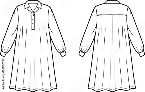 Flat vector long-sleeve dress design, collared neckline, pleats, cuffs, back yoke