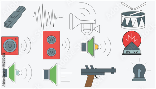 Vintage collection of tool icons featuring a vector illustration of a gun and shotgun set with line art sketches for web design