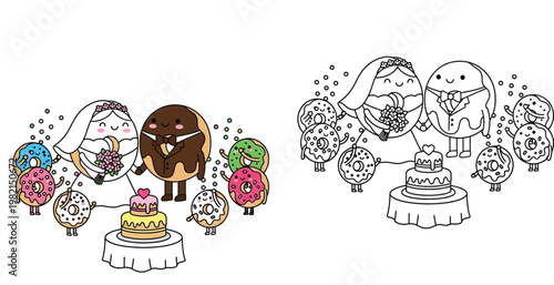 Cute donut wedding ceremony illustration set with bride and groom and line art coloring page for kids
