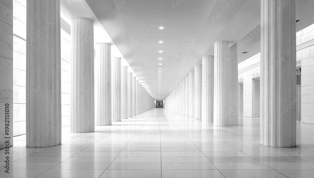 Fototapeta premium Grand Colonnade Hallway with Natural Light and Architectural Columns.