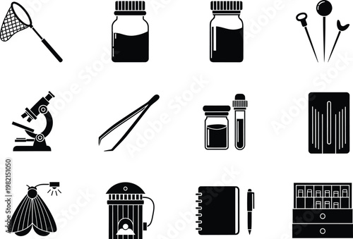 Collection of entomology equipment icons including microscope butterfly net and specimen jars