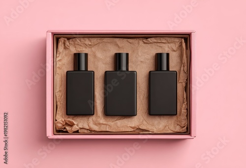 Three elegant black glass bottles are neatly arranged within a pink gift box lined with brown kraft paper, presented against a soft pink background.