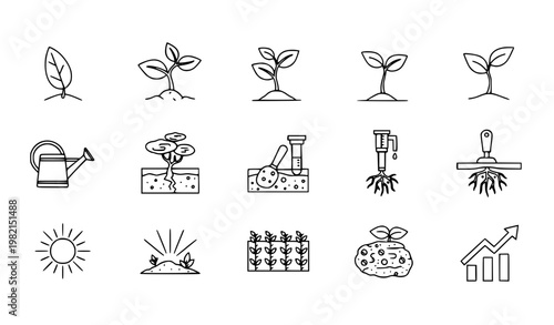 Plant growing line icon set with seed germination seedling soil testing and agriculture symbols