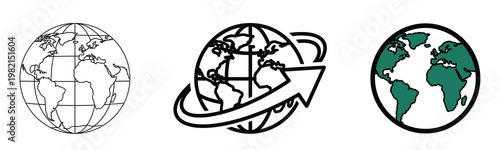 Set of globe icons depicting world and international travel and network symbols.