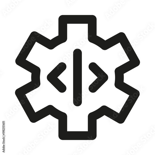 Cogwheel and html symbol icon. This professional cogwheel and html symbol outline icon features a sleek design for web development.