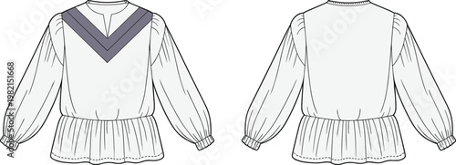 Fashion blouse flat vector, gathered waist, V yoke, stylish design