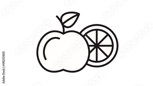 Fotografia Black vector icon illustration of a whole apple with a leaf and a sliced citrus fruit, representing healthy eating, organic food, and nutrition in a minimalist line art style on white background