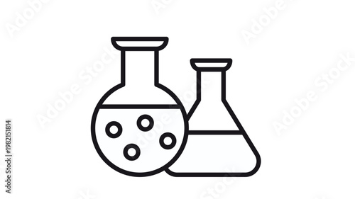 Minimalist black line art vector icon illustration of two laboratory chemistry flasks with bubbling liquid, representing scientific research, medical experiments, and chemical education.