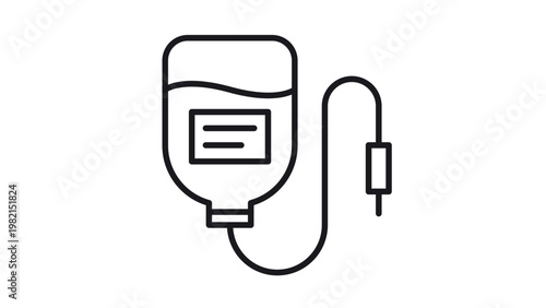 Intravenous IV Drip Bag Vector Icon Illustration. Black Line Art Symbol of Medical Saline or Blood Transfusion Bag with Tubing and Needle. Minimalist Healthcare and Hospital Equipment Graphic.
