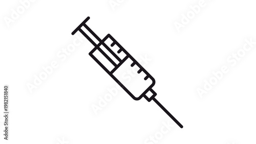 Black minimalist vector icon of a medical syringe with a needle, isolated on a white background. Clean line art illustration for healthcare, vaccination, medicine, and clinical treatment concepts.