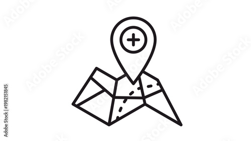 Minimalist black vector icon illustration of a folded paper map with a location pin marker on top, symbolizing navigation, GPS tracking, travel destinations, and geographic positioning.