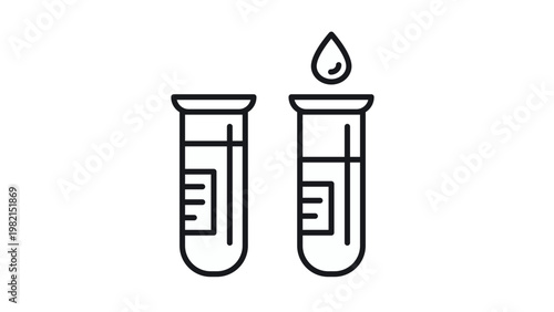 Black line vector icon of two laboratory test tubes with a liquid drop, representing medical testing, scientific research, chemistry experiments, healthcare diagnostics, and blood analysis.
