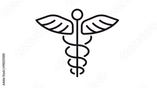Caduceus Medical Symbol Vector Icon, Black Minimalist Illustration of the Staff of Hermes with Two Snakes and Wings, Professional Healthcare and Pharmacy Graphic Design Element on White Background