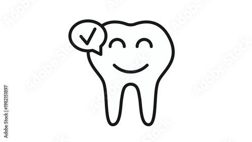 Happy smiling tooth vector icon with a checkmark in a speech bubble, representing dental health, oral hygiene, and a successful dentist checkup. Minimalist black line art illustration on white.