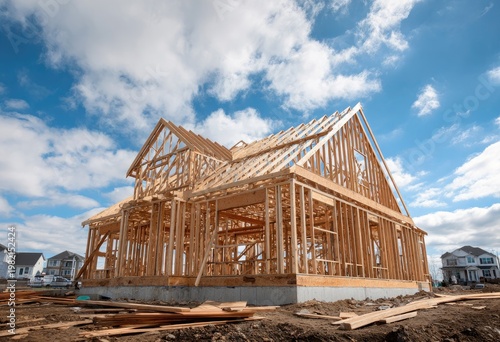 A newly constructed house frame stands prominently against a bright blue sky dotted with fluffy white clouds, showcasing the early stages of residential building.