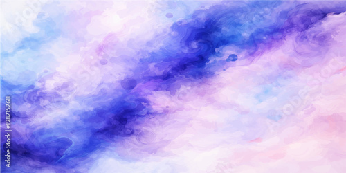 Beautiful abstract watercolor background of a blue summer sky with fluffy white clouds and bright sunlight shining through a clear atmosphere