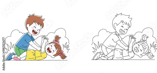 Happy Children Playing and Tickling Each Other in the Garden, Cute Cartoon Boy and Girl Vector Illustration with Black and White Line Art Version for Coloring Book Page