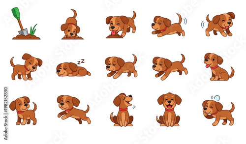 Cartoon dog vector set with cute brown pet running barking jumping and tricks