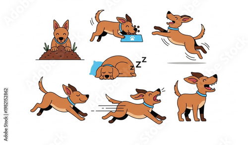 Cute dog action collection with cartoon pet poses barking sleeping and running