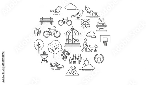 Park line icon collection with cycling fitness playground and nature symbols vector