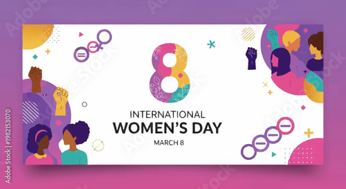 International Womens Day Banner with Diverse Women and Symbols.