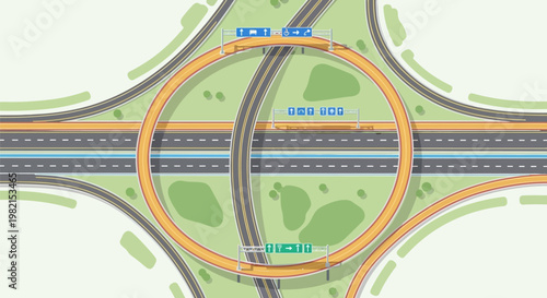 Aerial view of cloverleaf highway interchange.