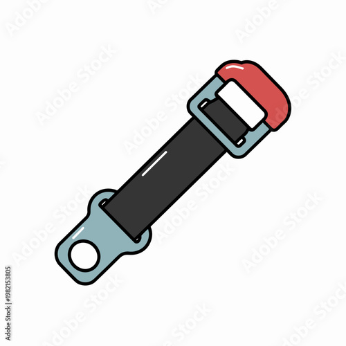 Cartoon style illustration of a seat belt with red buckle and metal parts