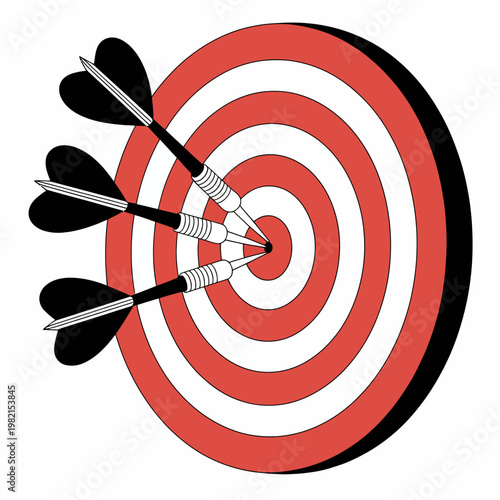 Dartboard with three darts hitting the center target accurately in a row