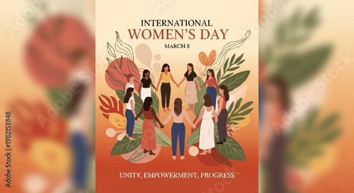 International Womens Day celebration with diverse women holding hands.