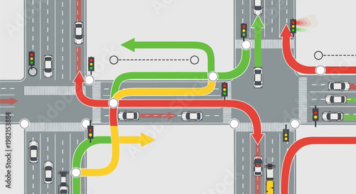 Urban traffic intersection with colorful routing lines.