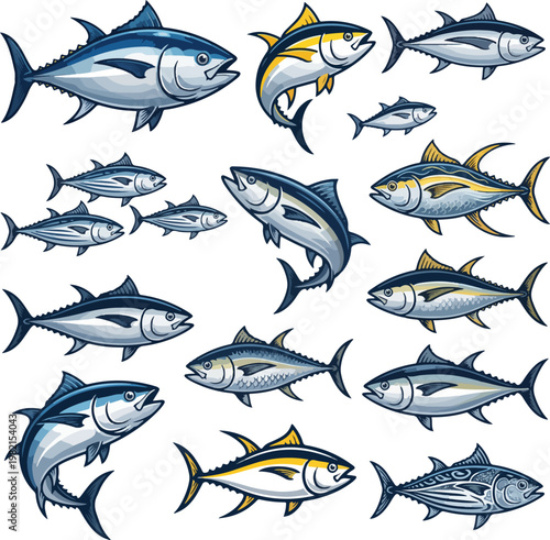 Set of various tuna fish species vector illustration isolated