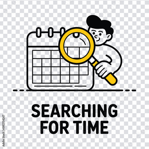 A cartoon man searching for time with a magnifying glass on a calendar