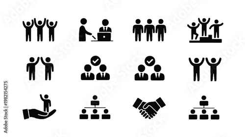black silhouette icons of business people interacting and working together in various teamwork and partnership scenarios