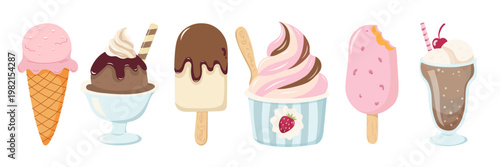 Set of sweet ice cream desserts in cones, popsicles and cups isolated on white background