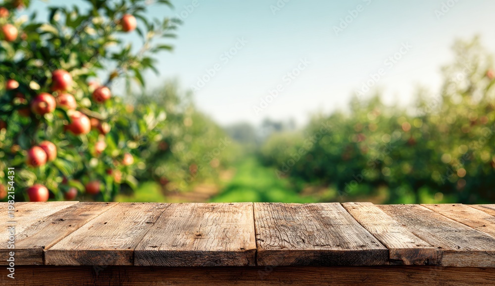 Fototapeta premium A rustic wooden surface sits in focus against a blurred backdrop of an apple orchard bathed in warm sunlight, creating a serene and inviting scene.