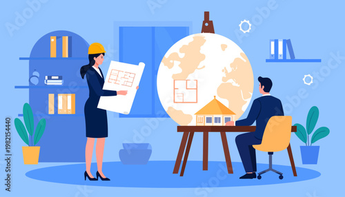 Businessman and woman in office.