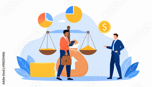 Businessman and woman with financial scales.