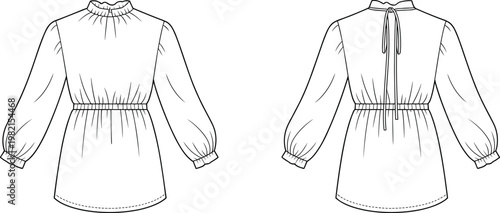 Flat vector fashion blouse design, ruffled neckline, voluminous sleeves, back tie