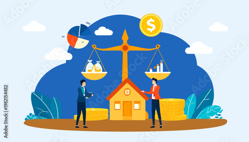 Businessman and woman weighing money scales.