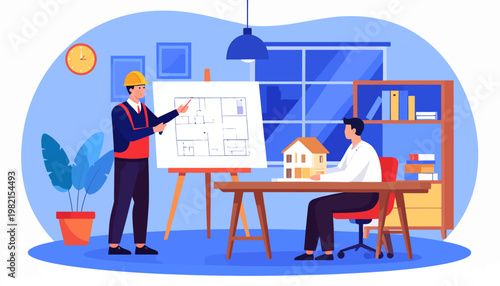 Businessman in hard hat explaining plan.