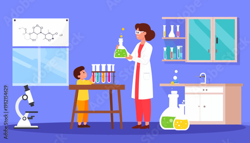 Female scientist and child in lab.