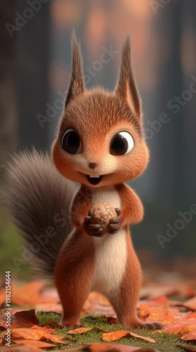 Playful squirrel collecting acorns in autumn forest animated character cheerful scene